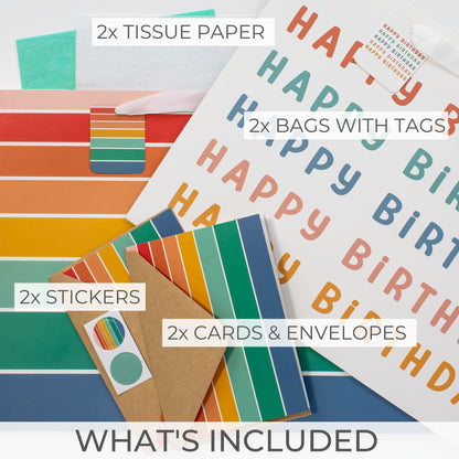 ZICOTO Beautiful Birthday Gift Bags Set of 2 - Large 16" Bags with Handles incl. Matching Tissue Paper, Cards & Stickers - Reusable and Perfect For Kids Presens