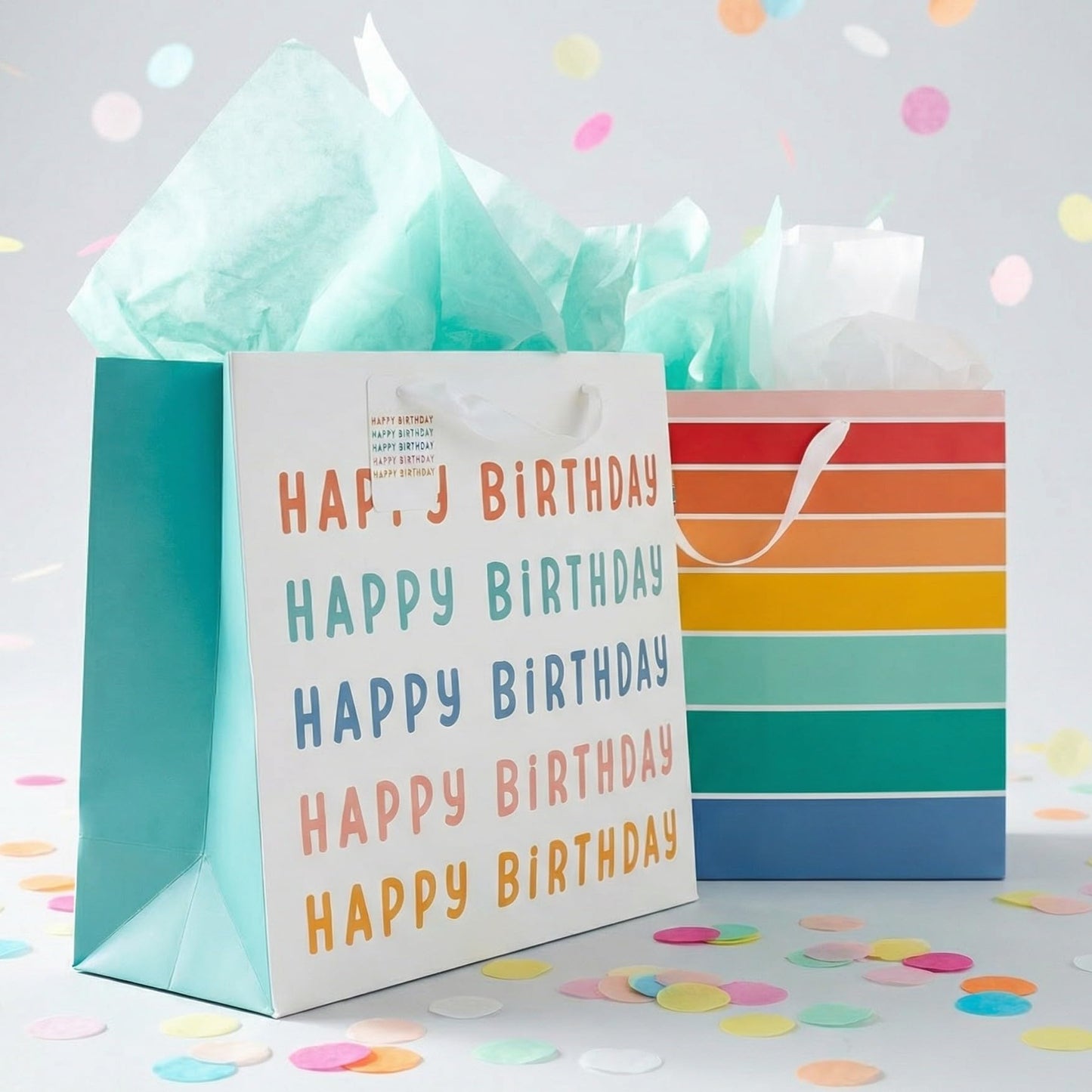 Beautiful Birthday Gift Bags Set of 2 - Large 16" Bags with Handles incl. Matching Tissue Paper, Cards & Stickers - Reusable & For Presents of Any Birthday, Weddings, Mothers Day & Other Occasions