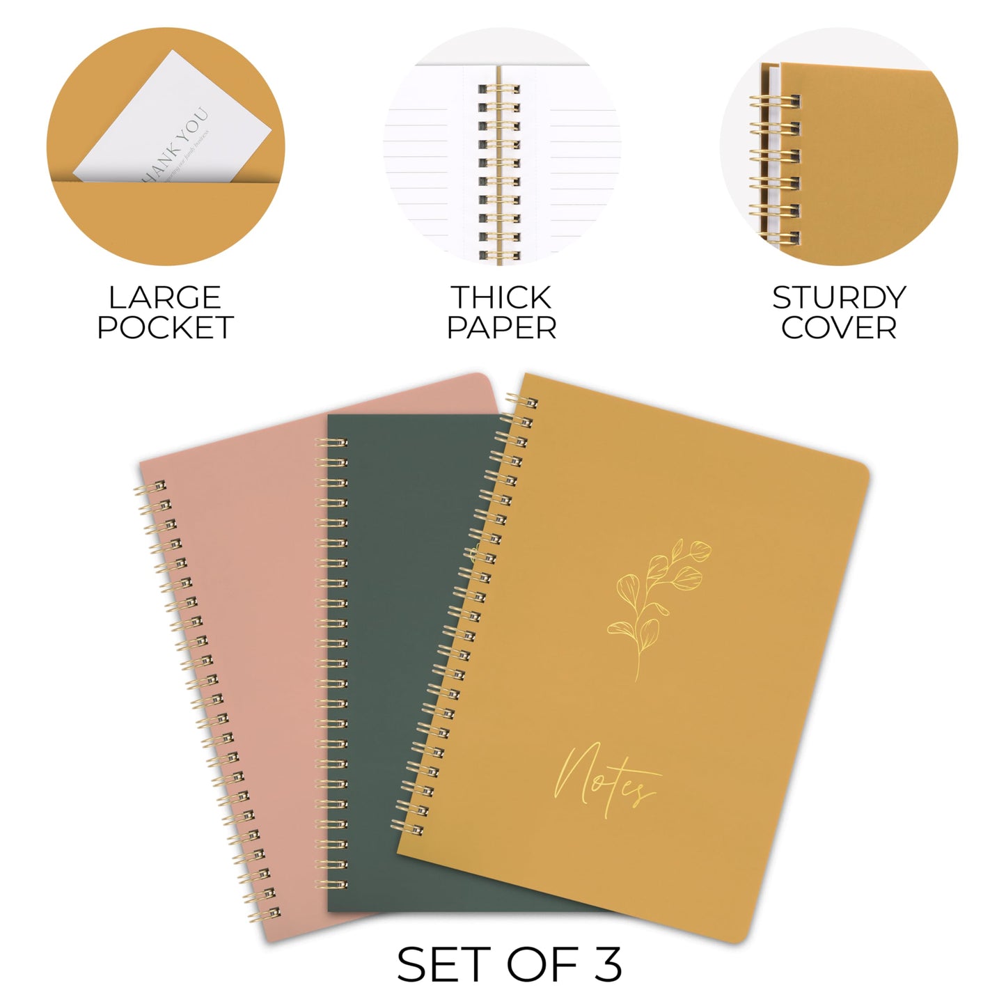 ZICOTO Aesthetic Spiral Notebook Set of 3 - Cute 8x6 College Ruled Journals with Pockets - Perfect for Women to Stay Organized at Work or School