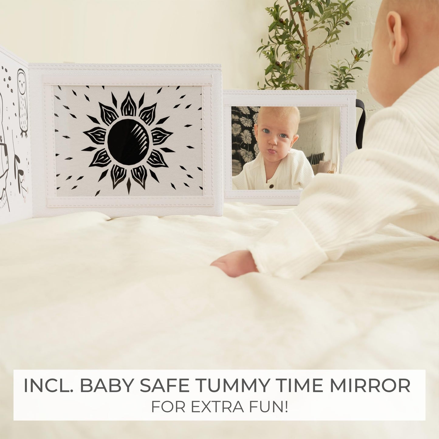 Soft Tummy Time Book w/ Stimulating Baby Safe Mirror - Fun Black and White Montessori Toy w/ Crinkle Filling & 20 High Contrast Designs - Perfect Newborn Toy For Safe and Early Infant Development
