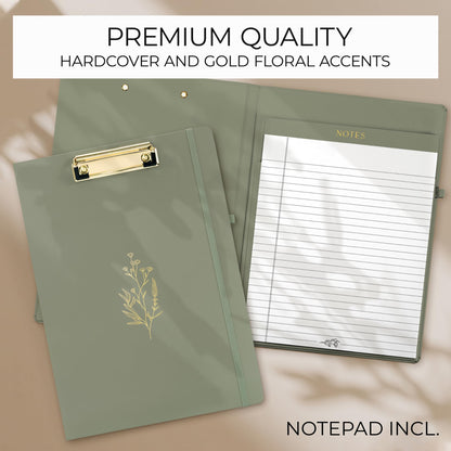 Aesthetic Clipboard Folio with Refillable Lined Notepad & Interior Pocket - Cute Padfolio/Legal Pad Holder for Women - Easily Organize Notes at Work, School, or Home
