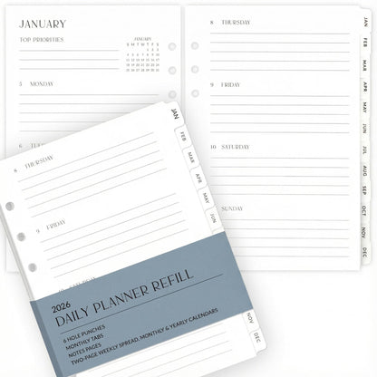 Minimalistic Daily Planner Inserts - 6-Hole Punched 2025-2026 Planner Refills for Ring Binder - Small Planner Binder Inserts With Cover and Tabs from January 2026 until December 2026