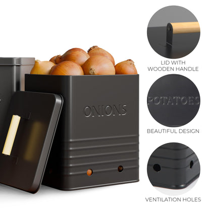 Beautiful Potato and Onion Storage Container Set - Perfectly Sized Spacious Canisters For Your Kitchen Counter Or Pantry - Quality Food Safe Metal Bins Keep Your Produce/Vegetables Fresh Longer