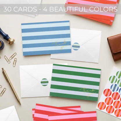 Beautiful Striped Thank You Cards Set of 30 With Envelopes and Stickers - Elegant Blank Cards For Personalized Notes - Perfect Bulk Stationary Set For All Occasions incl. Weddings, Business & Baby Showers