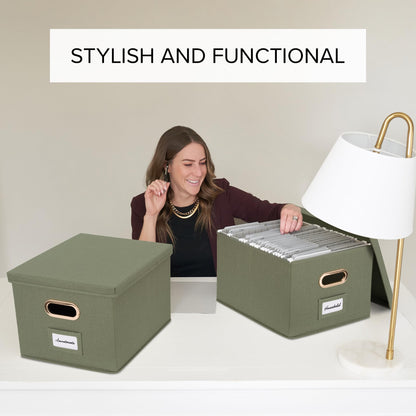 ZICOTO Decorative File Organizer Box Set of 2 - Collapsible Linen Filing Cabinets w/Handles Are Perfect to Store all Your Documents & Hanging File Folders - Portable Easy Slide Crates with Lid
