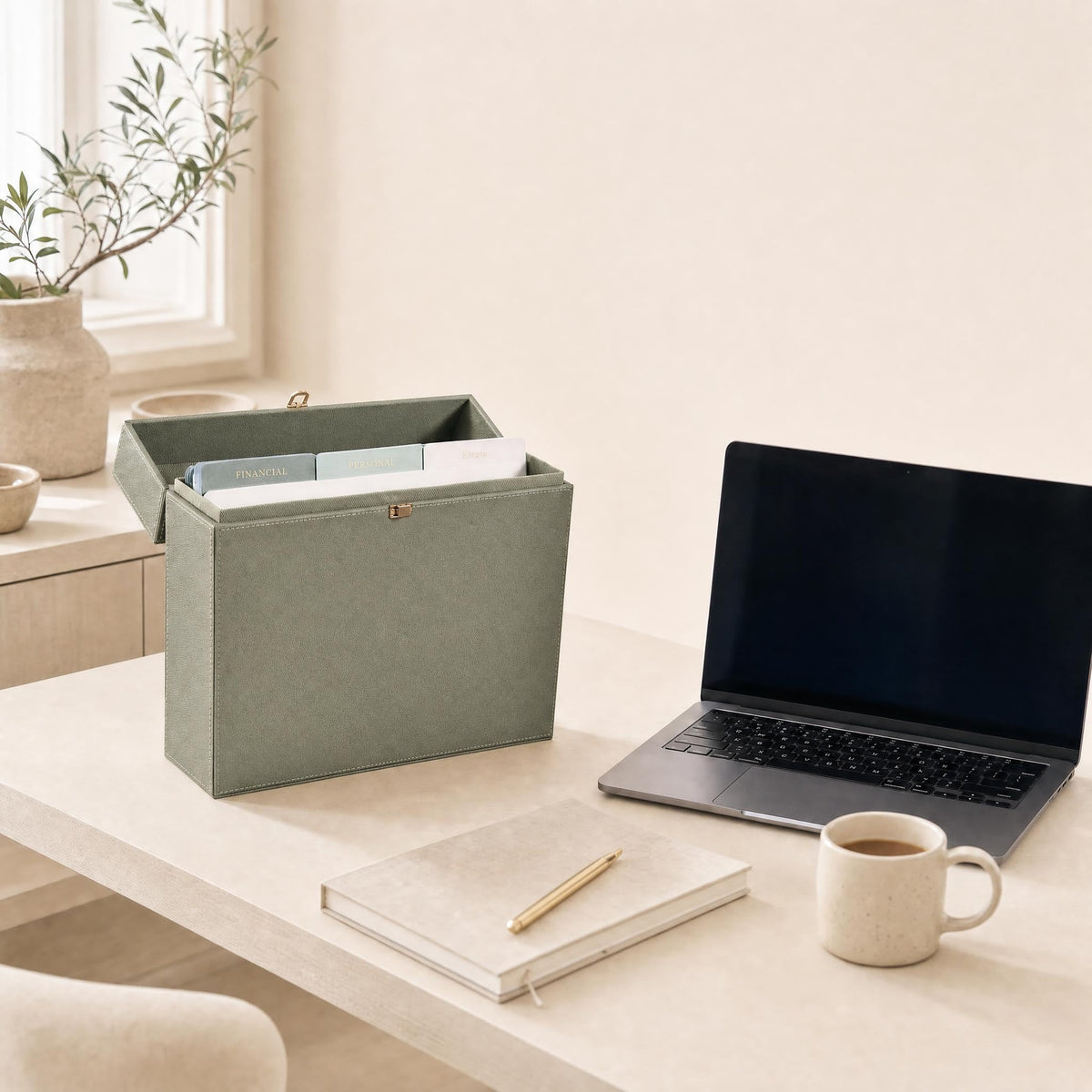 Document Organizer Box with 8 Folders - PU Leather File Organizer