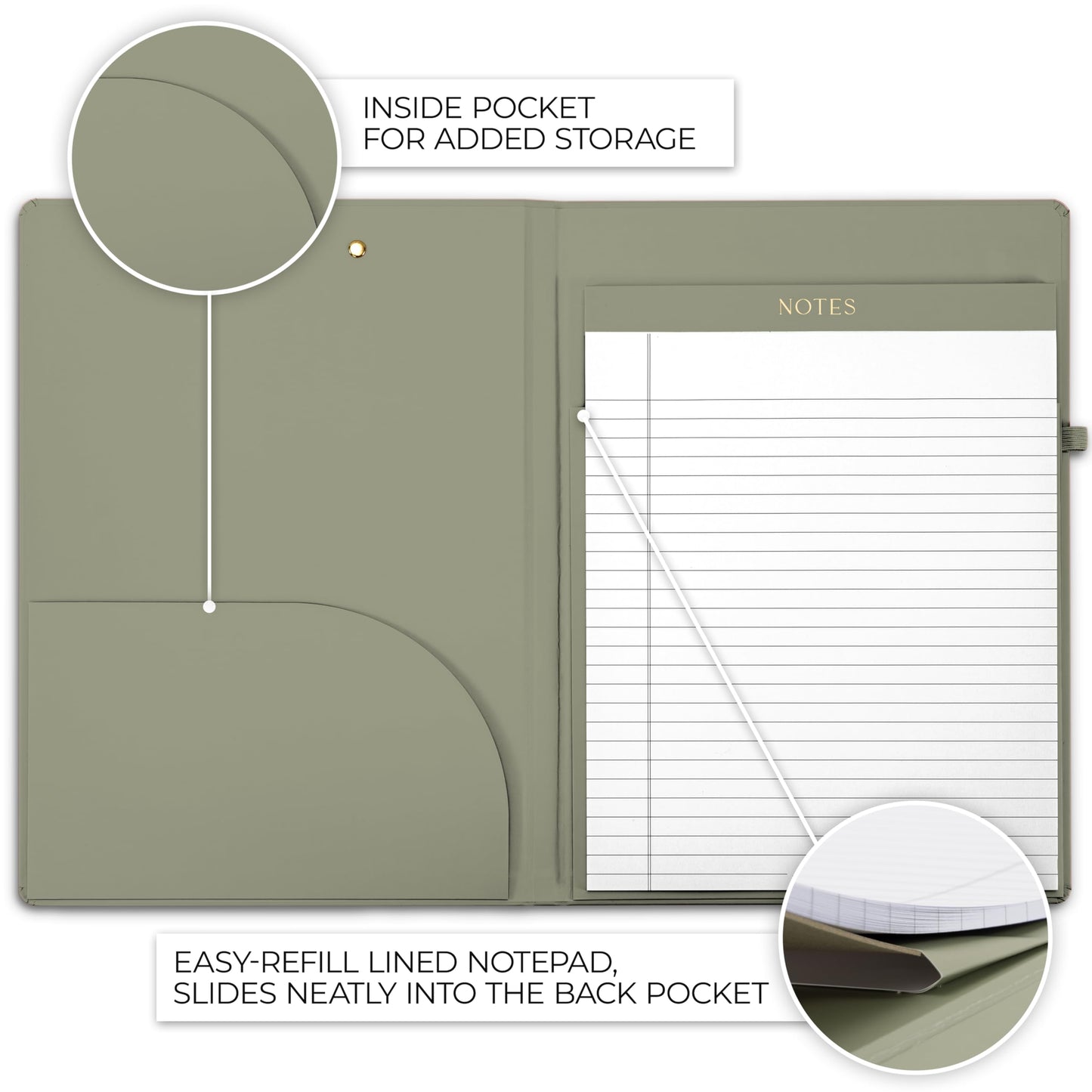 Aesthetic Clipboard Folio with Refillable Lined Notepad & Interior Pocket - Cute Padfolio/Legal Pad Holder for Women - Easily Organize Notes at Work, School, or Home