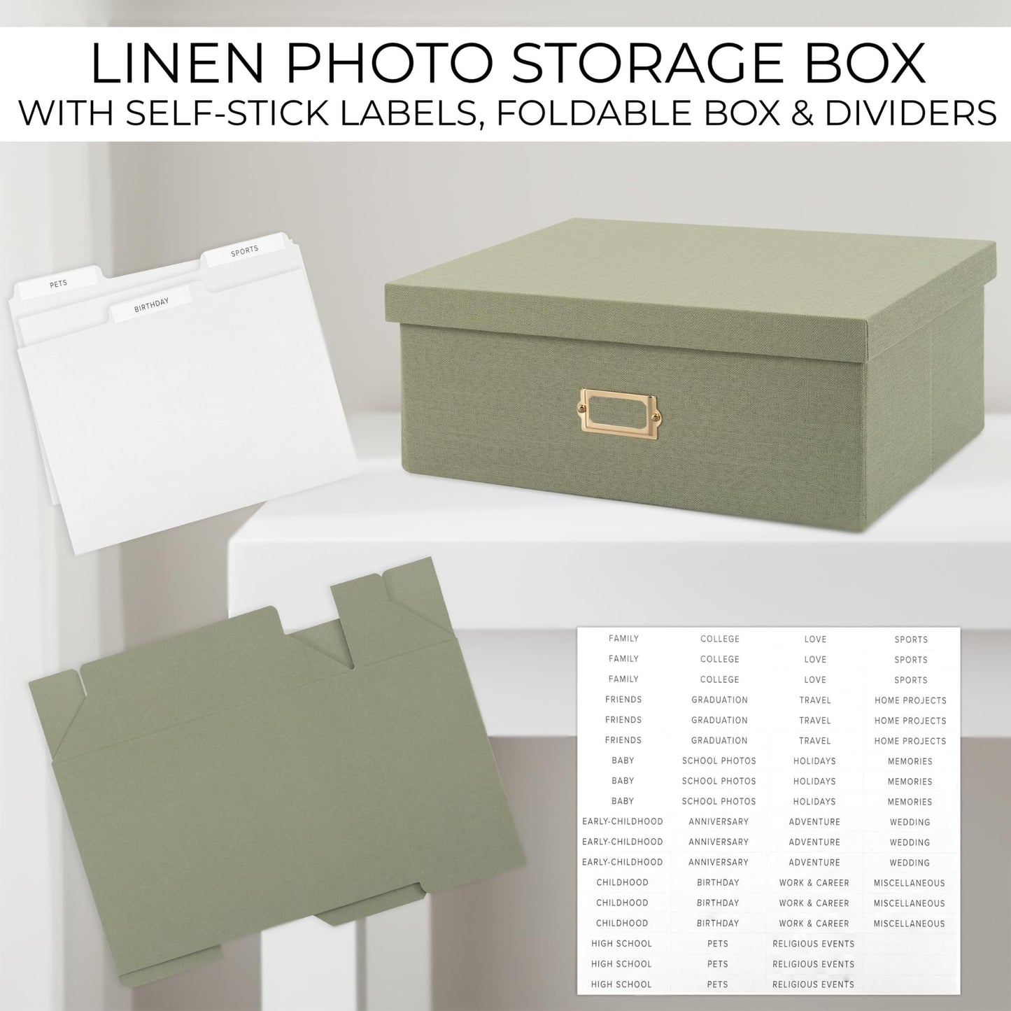 Decorative Photo Storage Box - Sturdy Linen Photo Organizer with Dividers - Stores Up to 850 4x6 Photos - Portable Scrapbook Storage Container with Lid