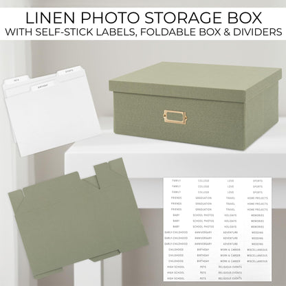 Decorative Photo Storage Box - Sturdy Linen Photo Organizer with Dividers - Stores Up to 850 4x6 Photos - Portable Scrapbook Storage Container with Lid