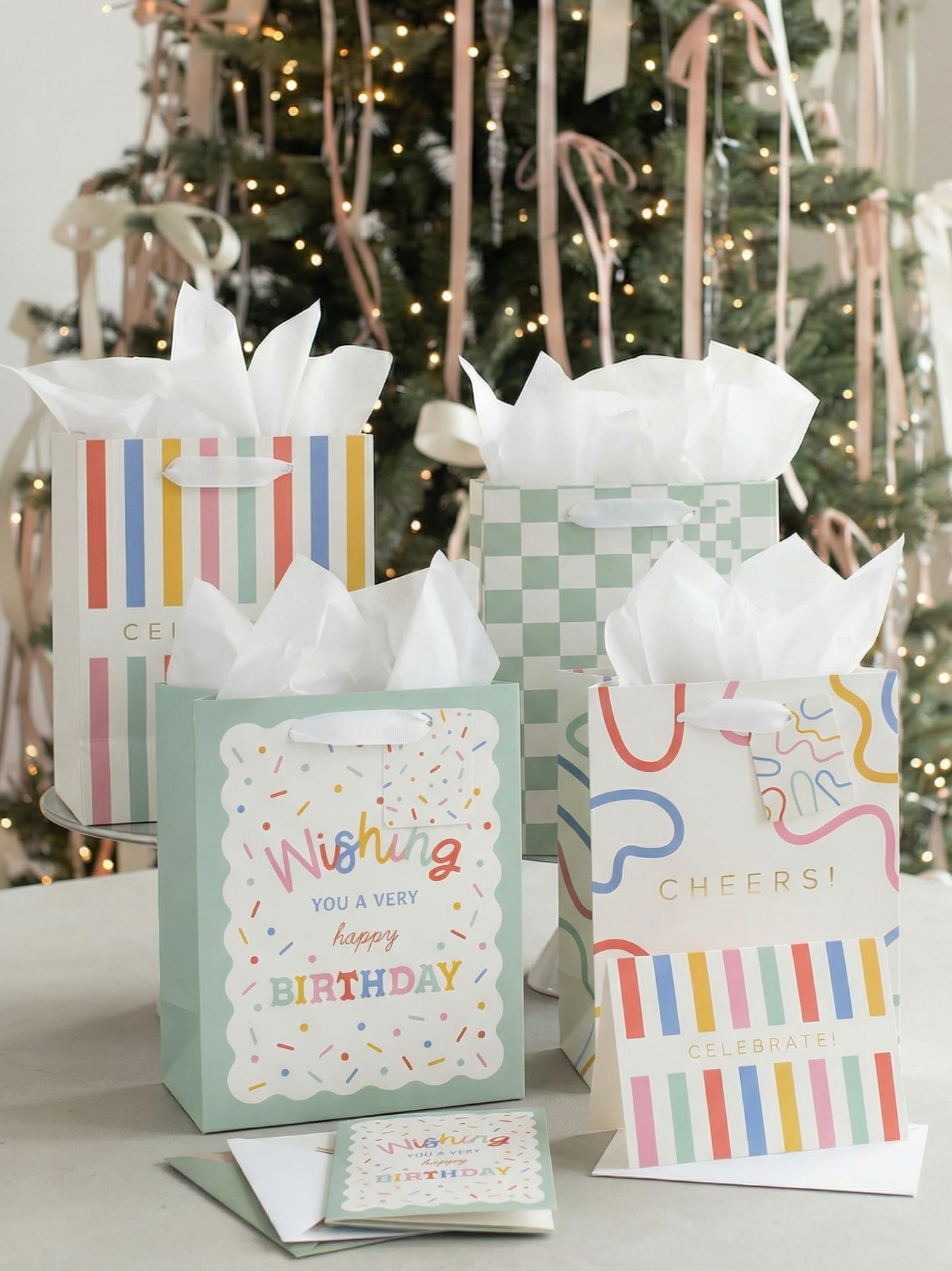 Beautiful Gift Bags Set of 4 - Medium Sized 9" Bags with Handles incl. Matching Tissue Paper, Cards & Small Stickers - Reusable & For Presents of Any Birthday, Weddings, Mothers Day & Other Occasion