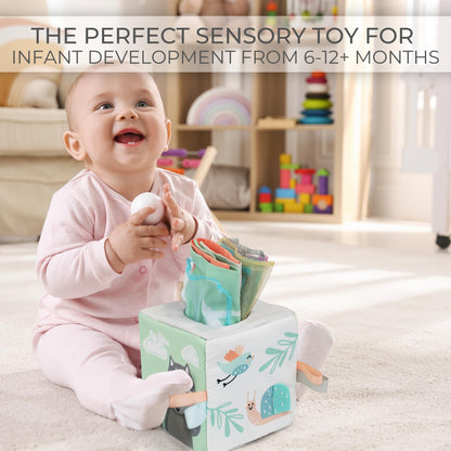 Fun Baby Tissue Box with Stimulating Mirror For Endless Entertainment - Soft Montessori Toy w/ Crinkle Paper & Fabric Tissues - The Perfect Sensory Toy For Newborn/Infant Development From 6-12+ Months
