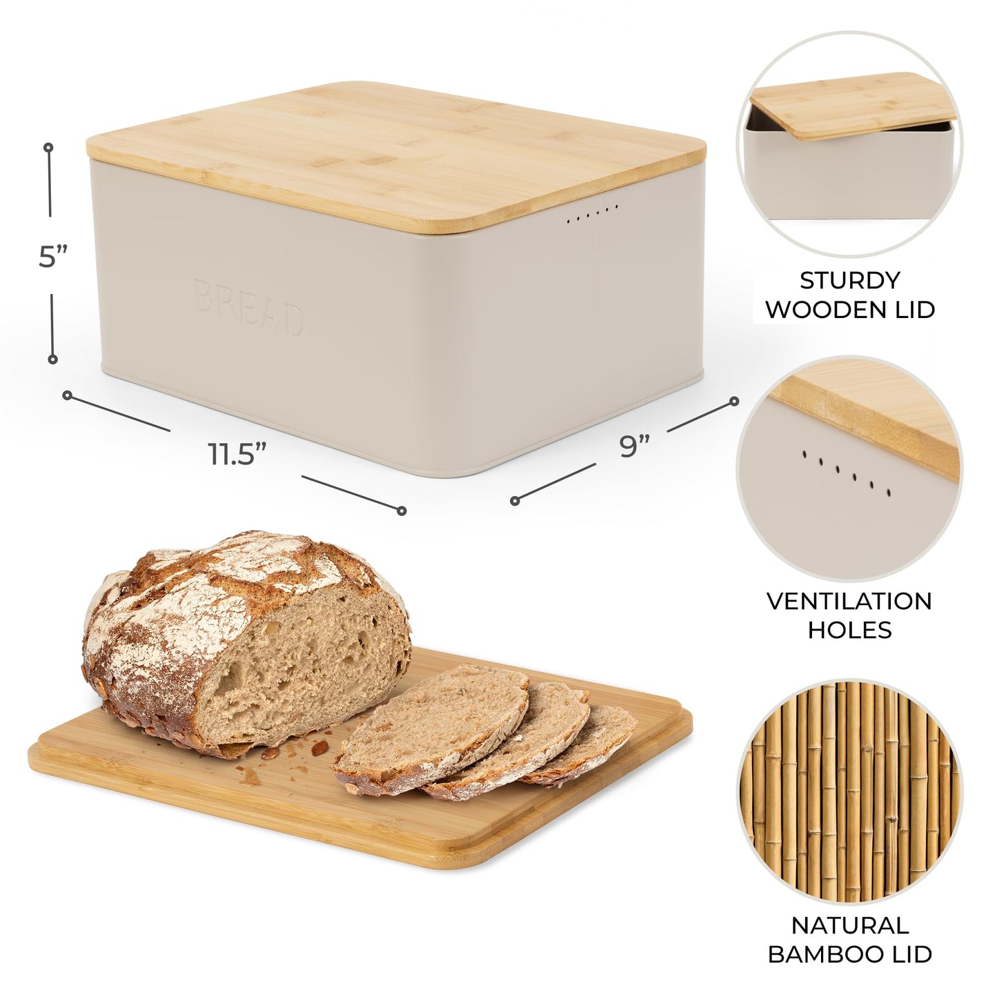 ZICOTO Beautiful Bread Box With Wooden Lid For Your Kitchen Countertop - Spacious Container Perfectly Stores Your Homemade Bread, English Muffins & Bagels - Quality Cutting Board Lid Keeps Loaf Fresh