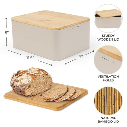 ZICOTO Beautiful Bread Box With Wooden Lid For Your Kitchen Countertop - Spacious Container Perfectly Stores Your Homemade Bread, English Muffins & Bagels - Quality Cutting Board Lid Keeps Loaf Fresh