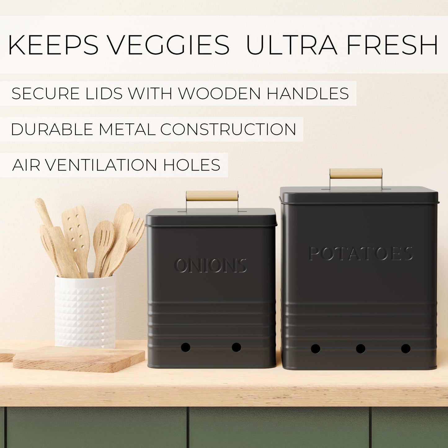 Beautiful Potato and Onion Storage Container Set - Perfectly Sized Spacious Canisters For Your Kitchen Counter Or Pantry - Quality Food Safe Metal Bins Keep Your Produce/Vegetables Fresh Longer