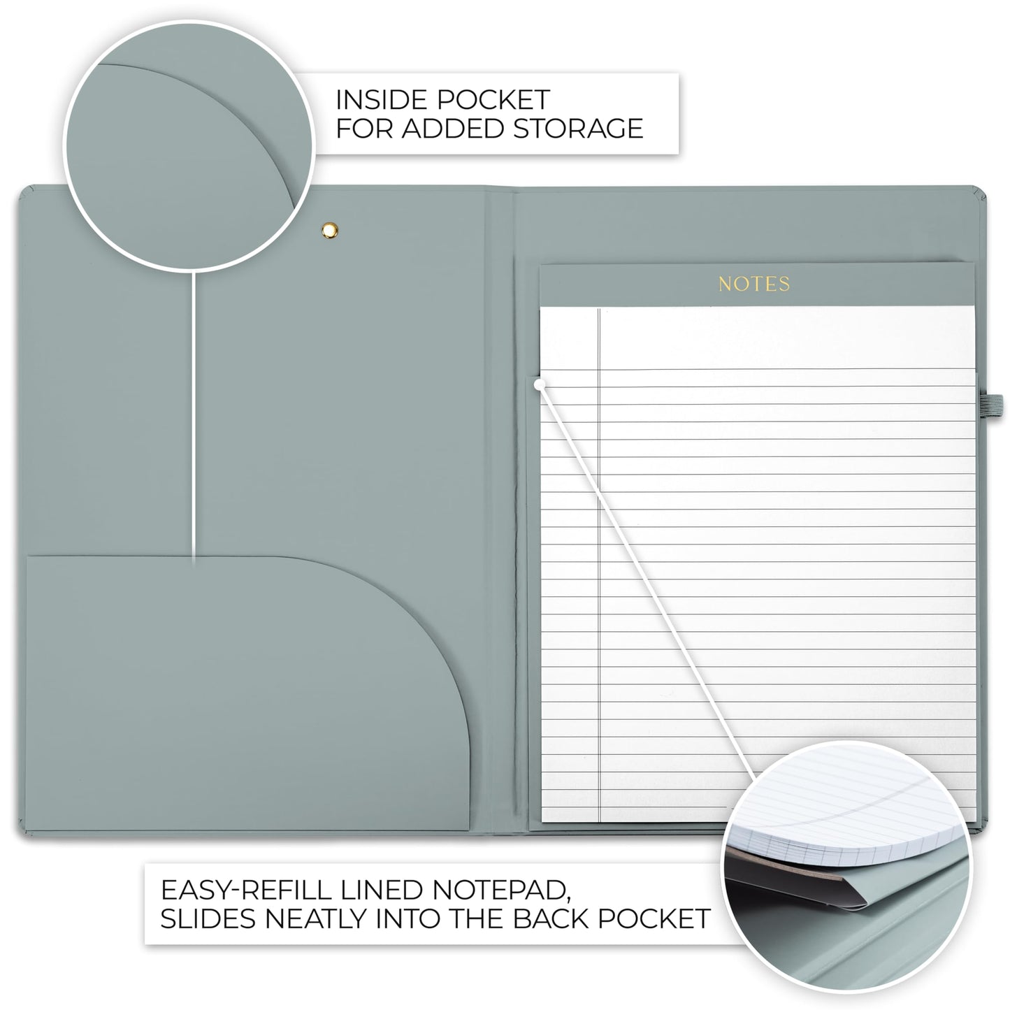 Aesthetic Clipboard Folio with Refillable Lined Notepad & Interior Pocket - Cute Padfolio/Legal Pad Holder for Women - Easily Organize Notes at Work, School, or Home