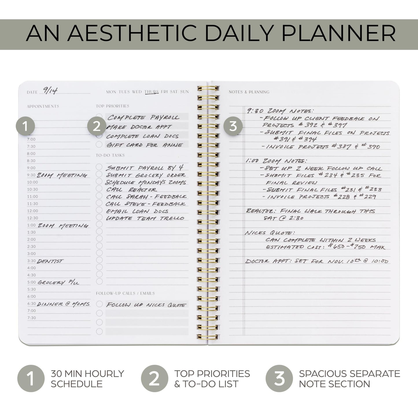 Beautiful Daily Planner And Notebook With Hourly Schedule - Aesthetic Spiral To do List Notepad to Easily Organize Your Tasks And Appointments - Stylish Book And School Or Office Supplies For Women