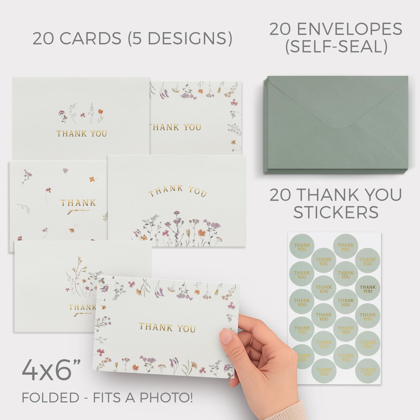 Beautiful Thank You Card Set With Envelopes and Stickers - Set of 20 Elegant Blank Cards For Personalized Notes - Perfect Bulk Stationary Set For All Occasions incl. Weddings, Business & Baby Showers
