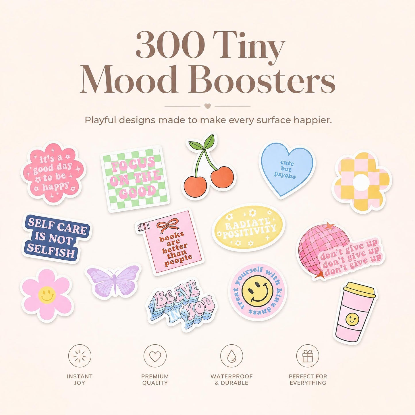 Motivational Sticker Set of 300 - Cute Inspirational Vinyl Stickers for Your Water Bottle, Laptop Or Journal - Positive Affirmation Decals for Adults, Teens and Kids Giving Daily Smiles and Motivation