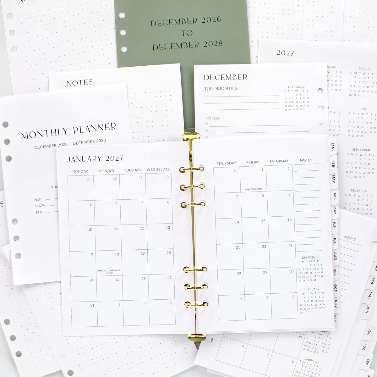 Beautiful 2027-2028 Monthly Planner Inserts for 6 Ring Binders