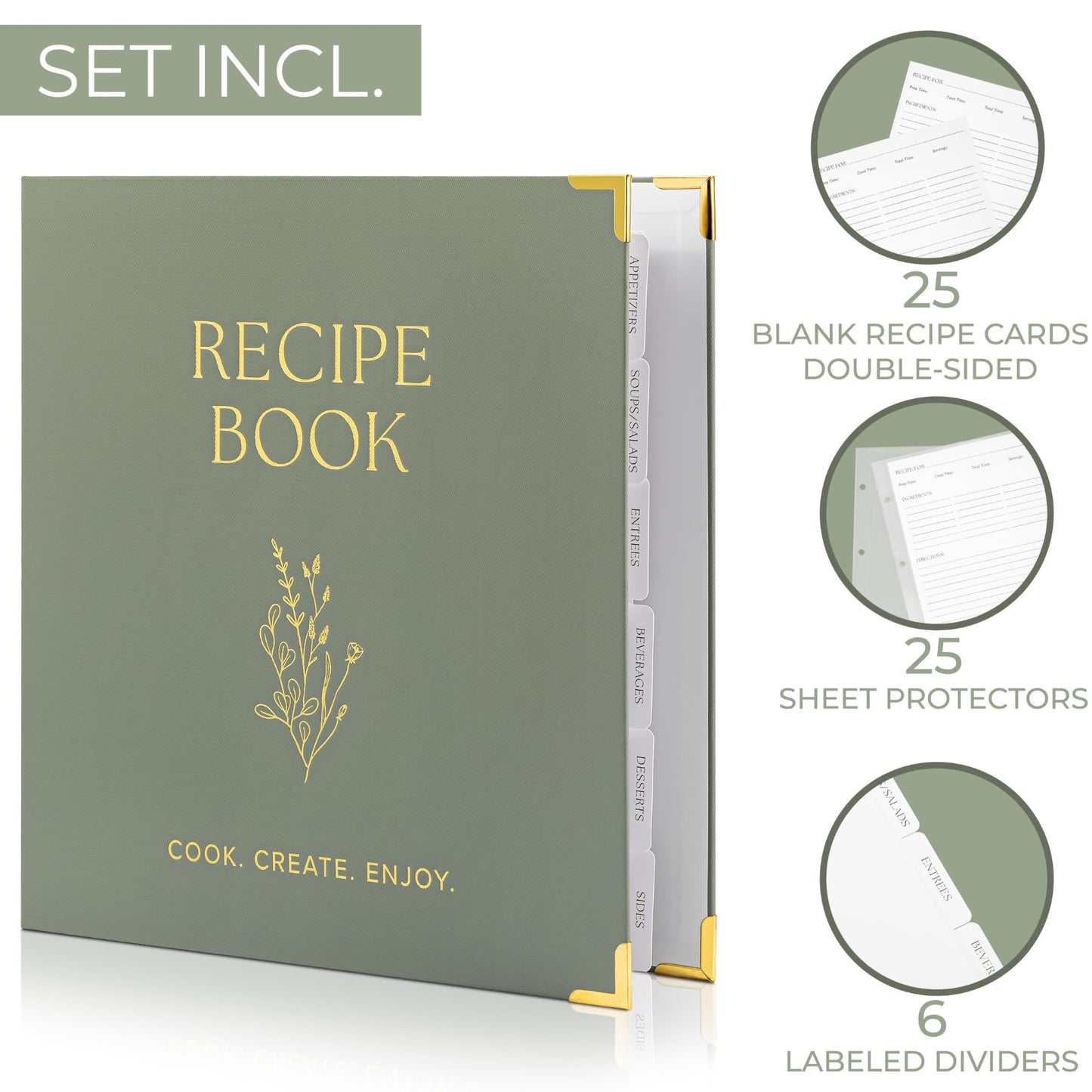 Aesthetic 8.5" x 11" Recipe Binder with Waterproof Cover - The Perfect Recipe Book with Plastic Sleeves to Write in Your Own Recipes - Quality Blank Cookbook Binder, Cards incl.