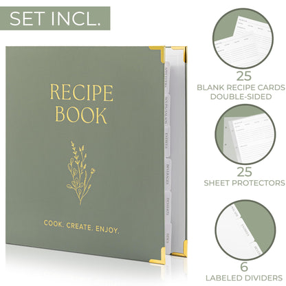 Aesthetic 8.5" x 11" Recipe Binder with Waterproof Cover - The Perfect Recipe Book with Plastic Sleeves to Write in Your Own Recipes - Quality Blank Cookbook Binder, Cards incl.