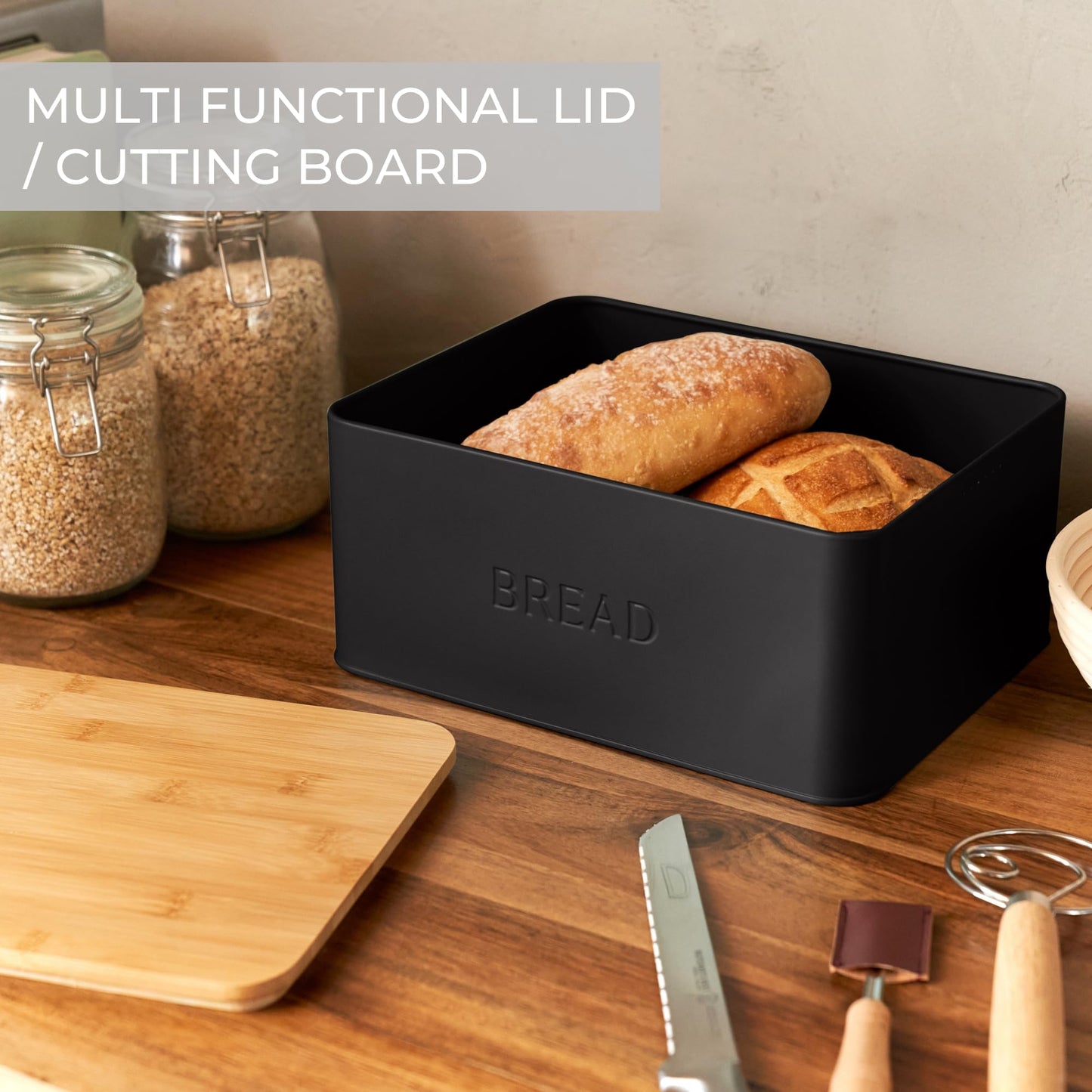 ZICOTO Beautiful Bread Box With Wooden Lid For Your Kitchen Countertop - Spacious Container Perfectly Stores Your Homemade Bread, English Muffins & Bagels - Quality Cutting Board Lid Keeps Loaf Fresh