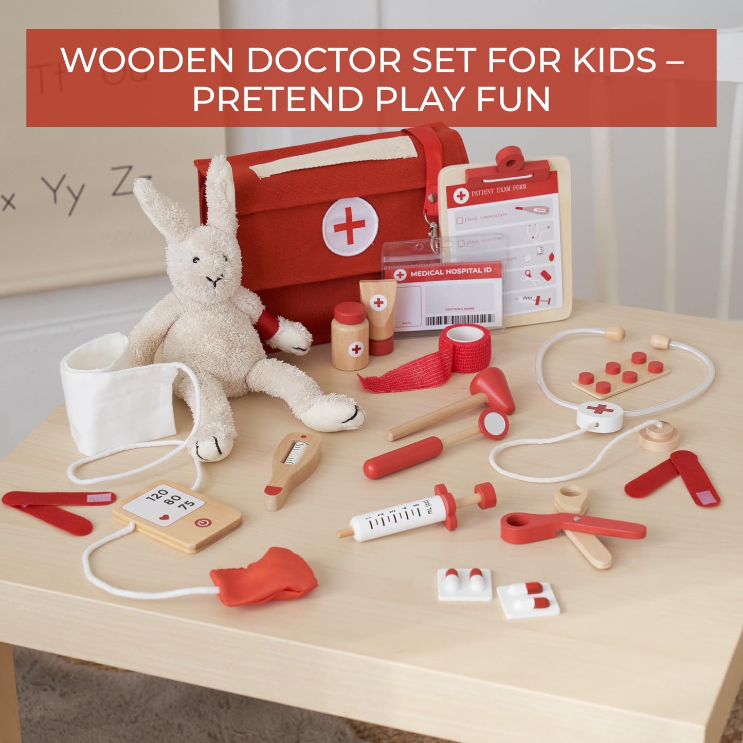 Wooden Doctor Play Set for Toddlers - A Complete Durable Pretend Play Medical Kit for Kids 3-5 with Realistic, Non-Toxic Tools & Carrying Case (Red)