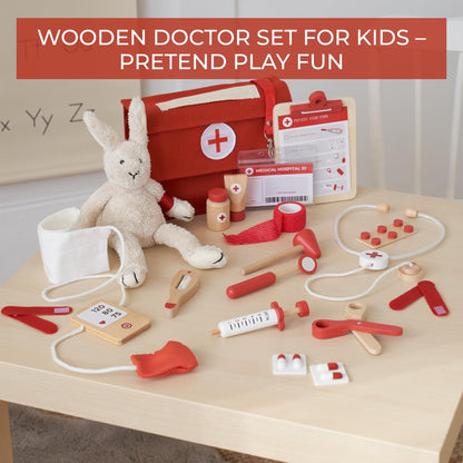 Wooden Doctor Play Set for Toddlers - A Complete Durable Pretend Play Medical Kit for Kids 3-5 with Realistic, Non-Toxic Tools & Carrying Case (Red)