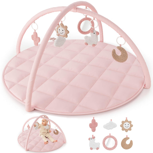 Beautiful Baby Play Gym and Tummy Time Mat - Soft Cotton Mat with 6 Cute Toys Creates The Perfect Activity Area for Your Girl/Boy - Stylish Infant Floor Playmat Fits Nicely with Any Playroom Decor