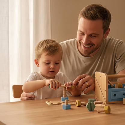 Stylish Wooden Tool Set for Toddlers - Durable Montessori Tool Box Kit with Hammer for Boys & Girls 2-5 Years - Fun Christmas Toy Gift for Kids with 30+ Safe Tools for Creative Play