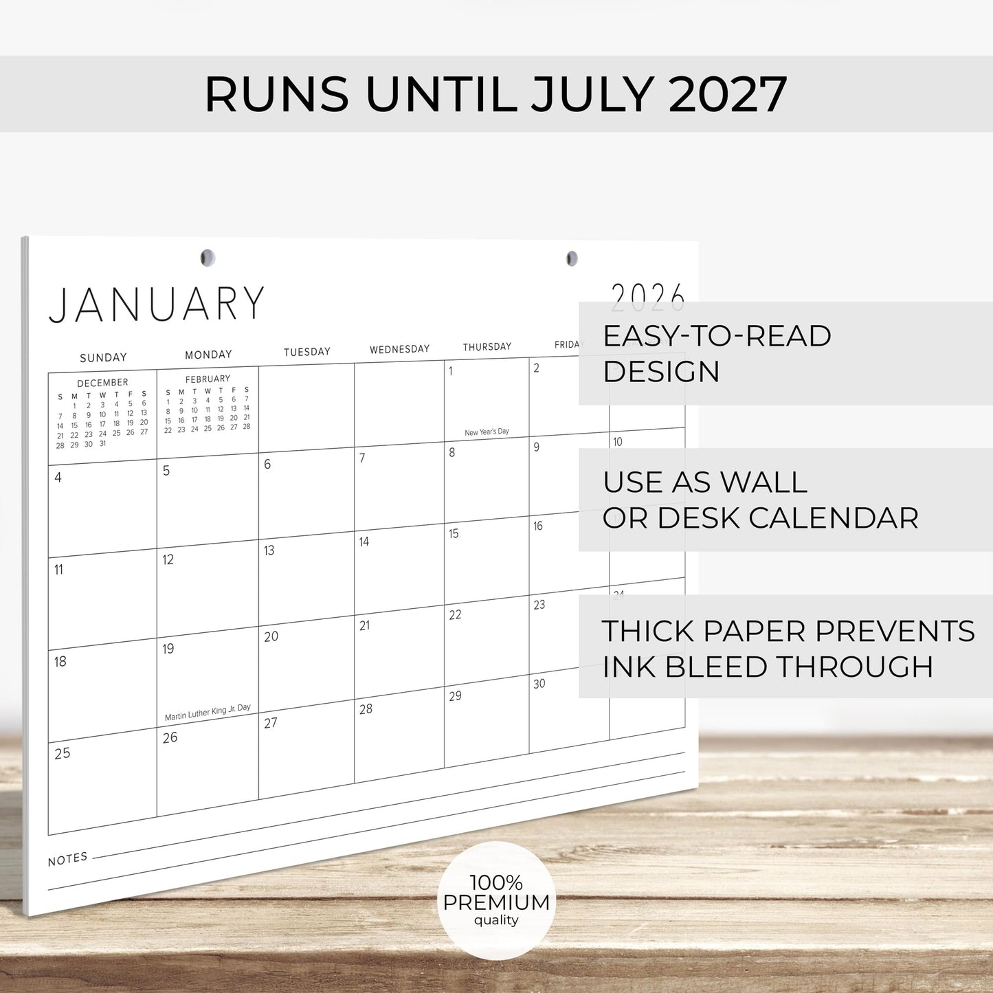 Aesthetic 2026 Desk Calendar 16" x 12" - Runs From January 2026 Until July 2027 - Large Minimalistic Office Desktop/Wall Calendar Pad for Easy Organizing