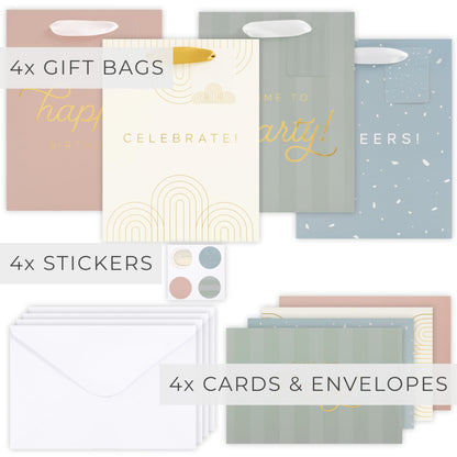 Beautiful Birthday Gift Bags Set of 4 - Medium Sized 9" Gift Bags with Handles incl. Matching Tissue Paper, Cards & Stickers - Reusable & For Presents of Any Weddings, Mothers Day or Other Occasion