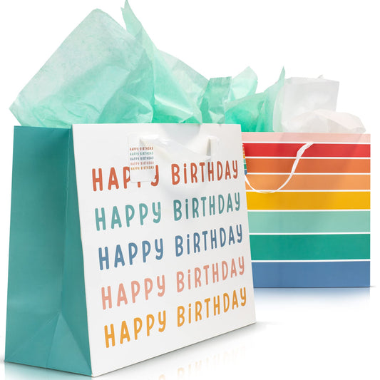 ZICOTO Beautiful Birthday Gift Bags Set of 2 - Large 16" Bags with Handles incl. Matching Tissue Paper, Cards & Stickers - Reusable and Perfect For Kids Presens
