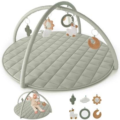 Beautiful Baby Play Gym and Tummy Time Mat - Soft Cotton Mat with 6 Cute Toys Creates The Perfect Activity Area for Your Girl/Boy - Stylish Infant Floor Playmat Fits Nicely with Any Playroom Decor