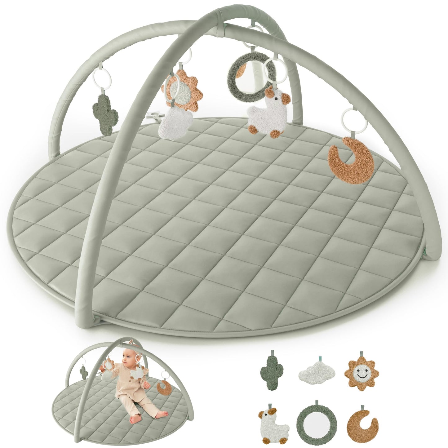 Beautiful Baby Play Gym - Soft Cotton Mat with 6 Cute Toys Creates The Perfect Activity Area for Your Girl/Boy - Stylish Infant Floor Playmat Fits Nicely with Any Playroom Decor