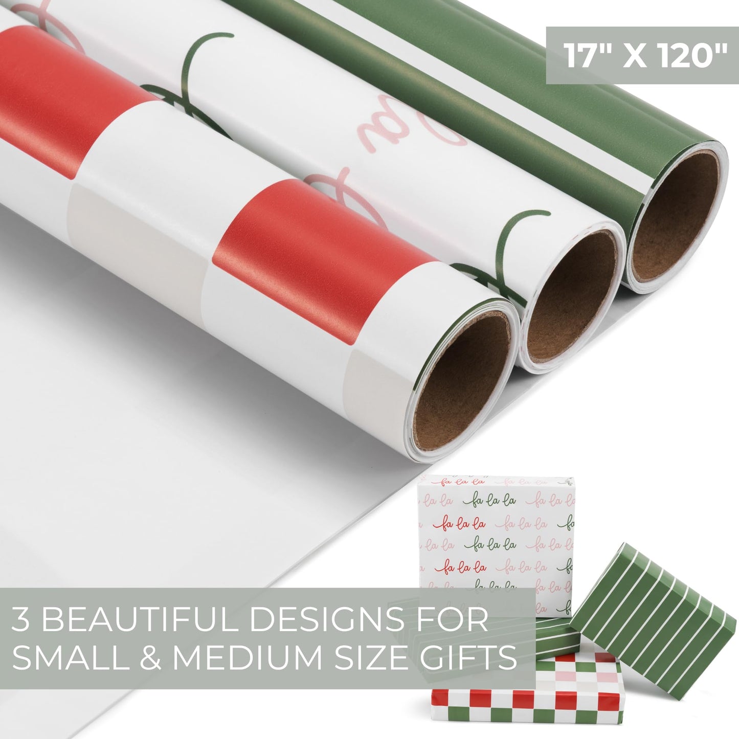 Beautiful Christmas Gift Wrapping Paper Rolls For Small & Medium Size Gifts - Set of 3 Quality Paper Rolls With Cute Designs - Add a Touch of Magic to Every Gift You Wrap - 17 in x 120 in Per Roll