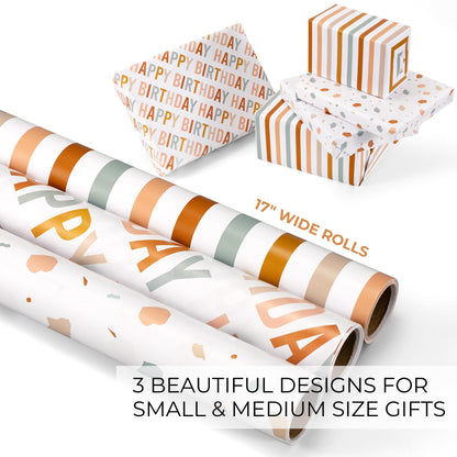 Beautiful Birthday Wrapping Paper - Set of 3 Quality Happy Birthday Paper Rolls For Medium Sized Gifts - Add a Touch of Magic to Every Gift You Wrap - 17 in x 120 in Per Roll For Boys and Girls