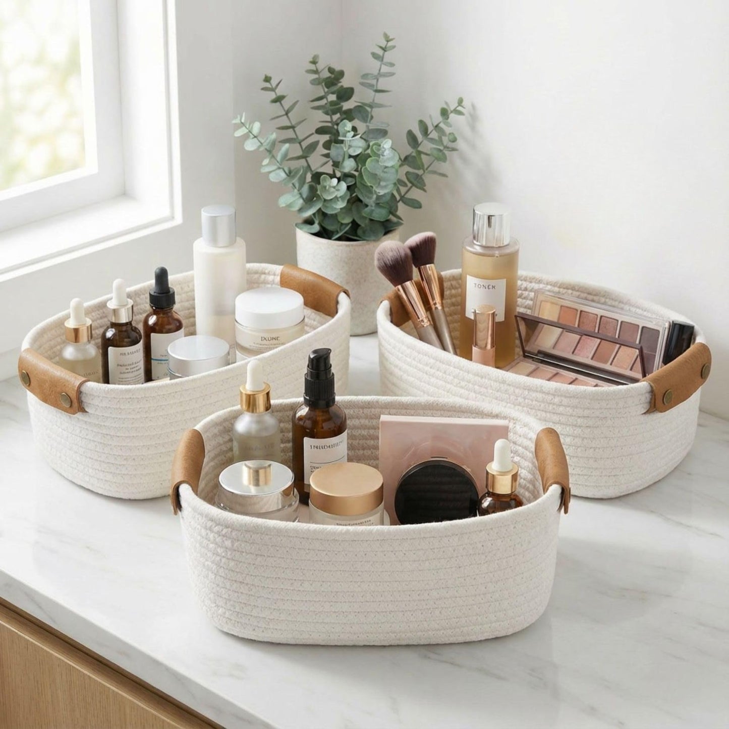 Beautiful Storage Basket Set of 3 - Sturdy Cotton Rope Baskets for Shelves Are Perfect for Organizing Your Home - Quality Storage Bins Easily Fit With Any Nursery or Bedroom Decor