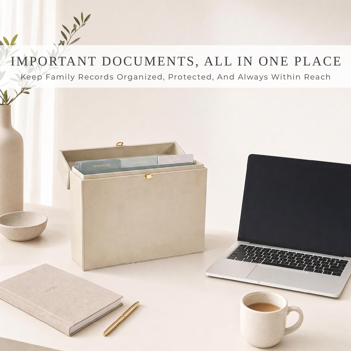 Document Organizer Box with 8 Folders - PU Leather File Organizer