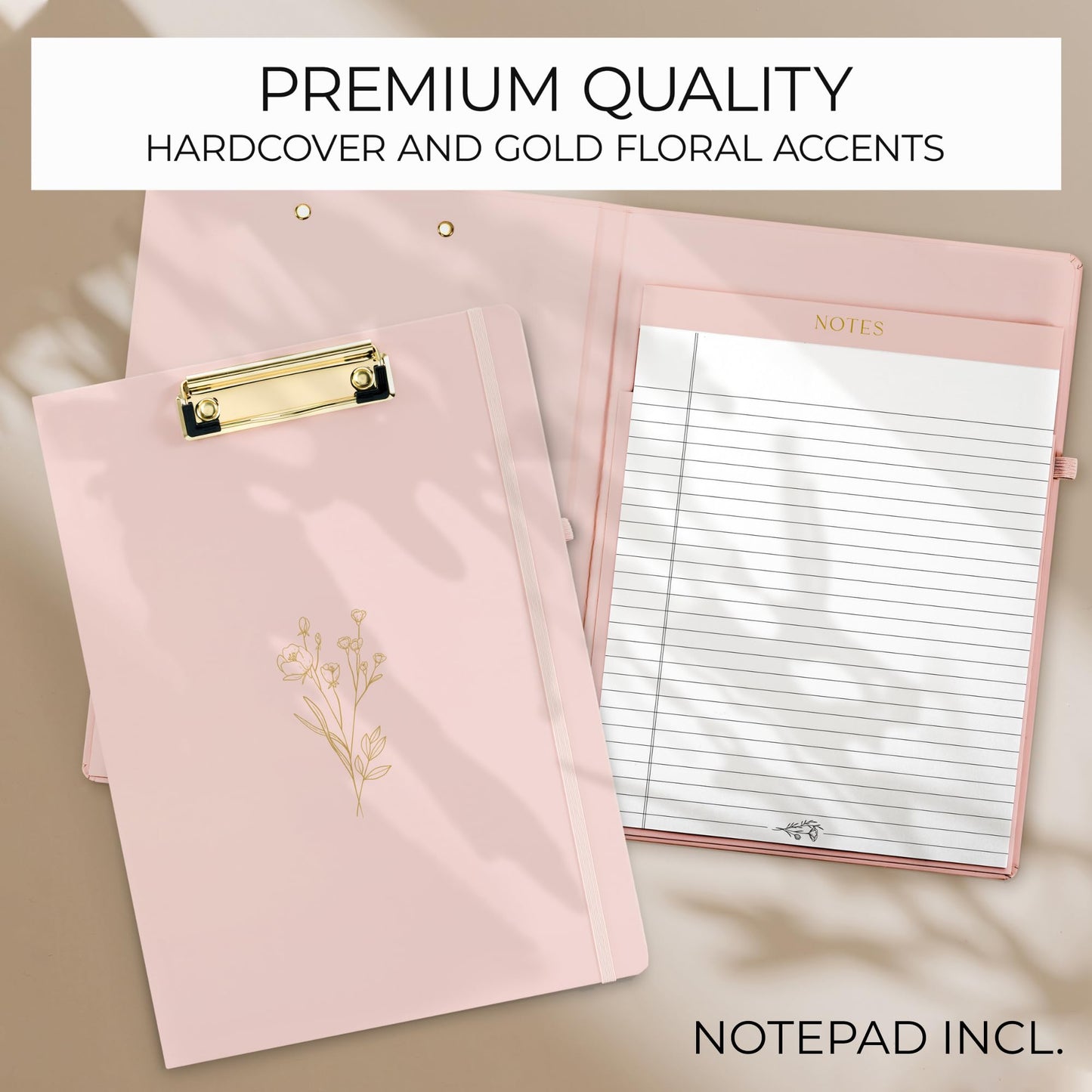 Aesthetic Clipboard Folio with Refillable Lined Notepad & Interior Pocket - Cute Padfolio/Legal Pad Holder for Women - Easily Organize Notes at Work, School, or Home