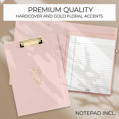 Aesthetic Clipboard Folio with Refillable Lined Notepad & Interior Pocket - Cute Padfolio/Legal Pad Holder for Women - Easily Organize Notes at Work, School, or Home