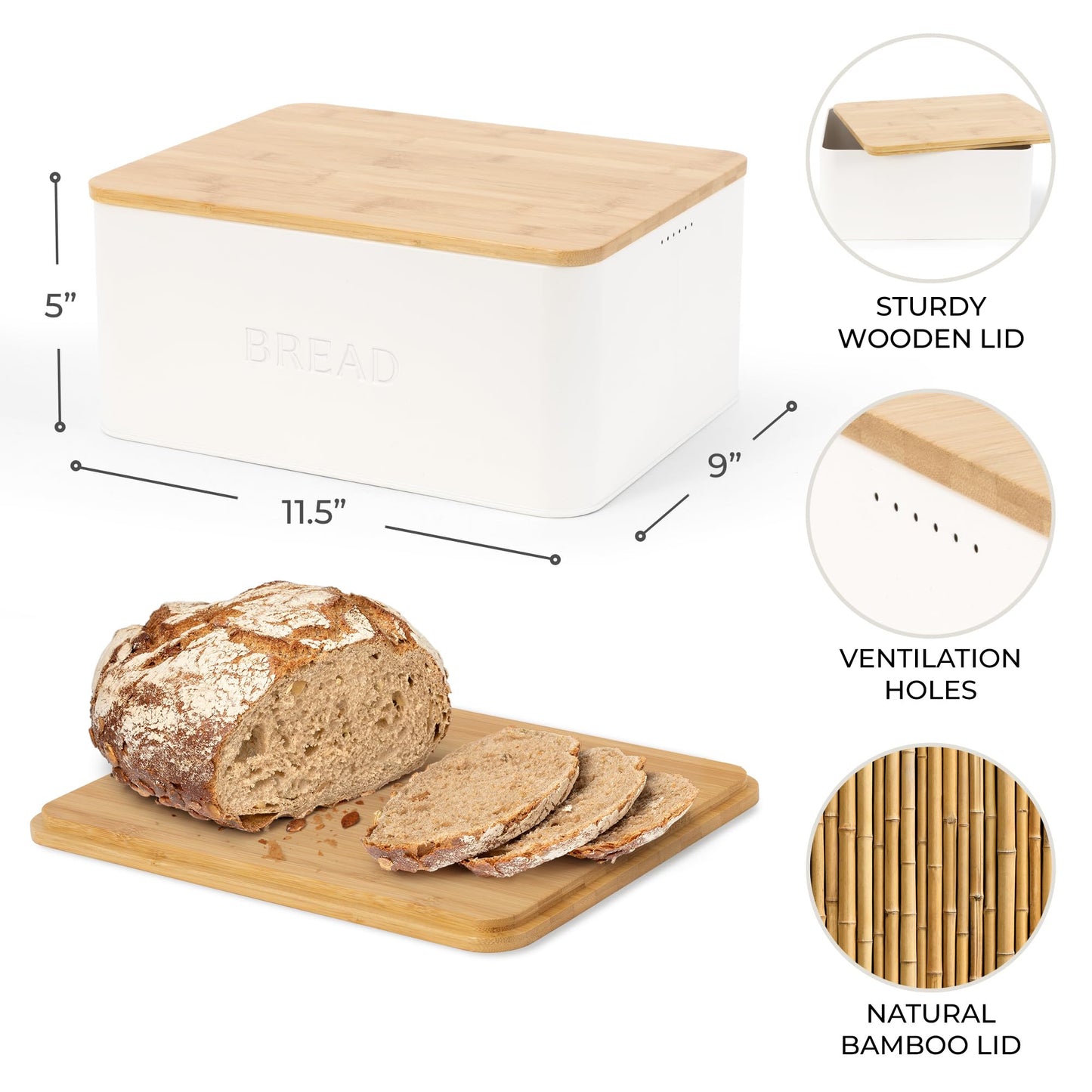 ZICOTO Beautiful Bread Box With Wooden Lid For Your Kitchen Countertop - Spacious Container Perfectly Stores Your Homemade Bread, English Muffins & Bagels - Quality Cutting Board Lid Keeps Loaf Fresh