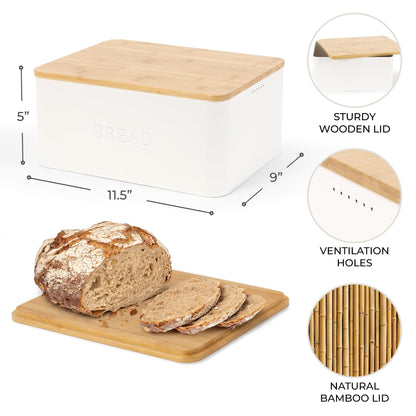 ZICOTO Beautiful Bread Box With Wooden Lid For Your Kitchen Countertop - Spacious Container Perfectly Stores Your Homemade Bread, English Muffins & Bagels - Quality Cutting Board Lid Keeps Loaf Fresh
