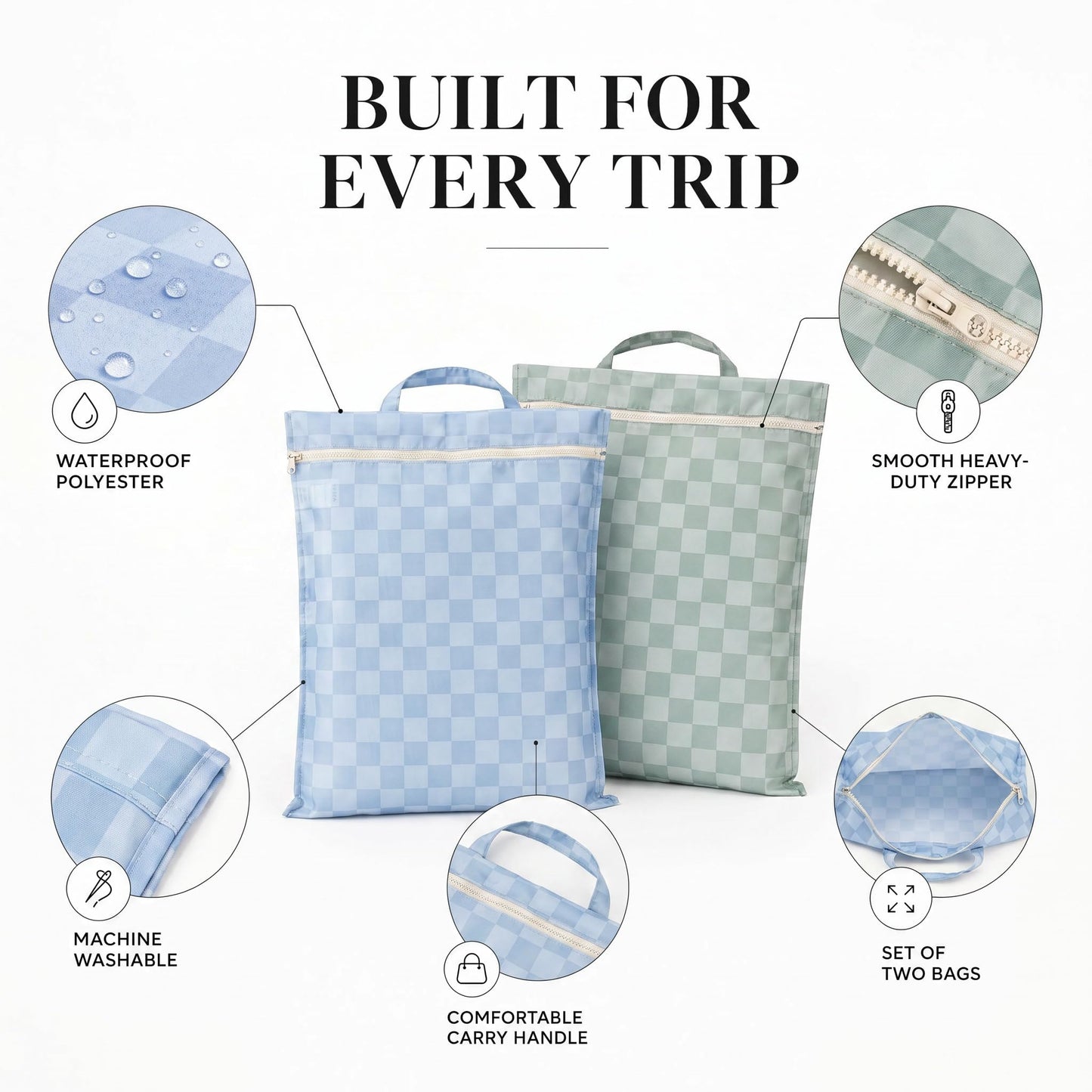 ZICOTO Stylish Travel Laundry Bags for Women - Set of 2 Waterproof Wet Bags, Ideal for Dirty Clothes, Wet Swimsuits and More - Charming Checkered Wet Dry Bag with Zipper and Handle for Beach and Pool