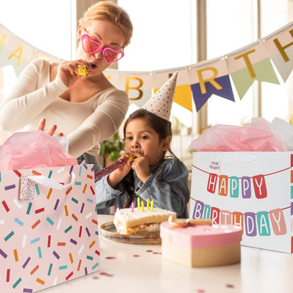 ZICOTO Beautiful Birthday Gift Bags Set of 2 - Large 16" Bags with Handles incl. Matching Tissue Paper, Cards & Stickers - Reusable and Perfect For Presents…