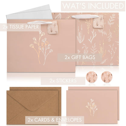 Beautiful Gift Bags Set of 2 - Large 13" Bags with Handles incl. Matching Tissue Paper, Cards & Stickers - Reusable and Perfect For Presents of Any Birthday, Weddings, Mothers Day & Special Occasion