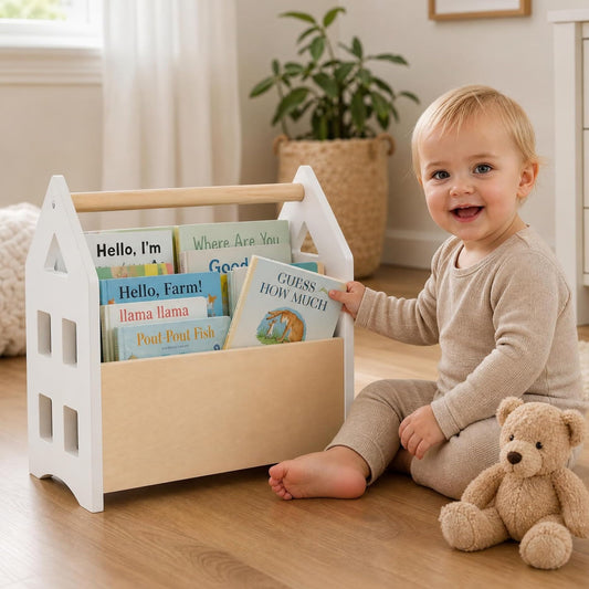 ZICOTO Decorative Wooden Bookshelf with Handle for Kids Rooms - Keeps Books Neatly Organized & Within Reach for Toddlers - Easy Install Montessori Book Shelf for Baby's Bedroom or Playroom Decor