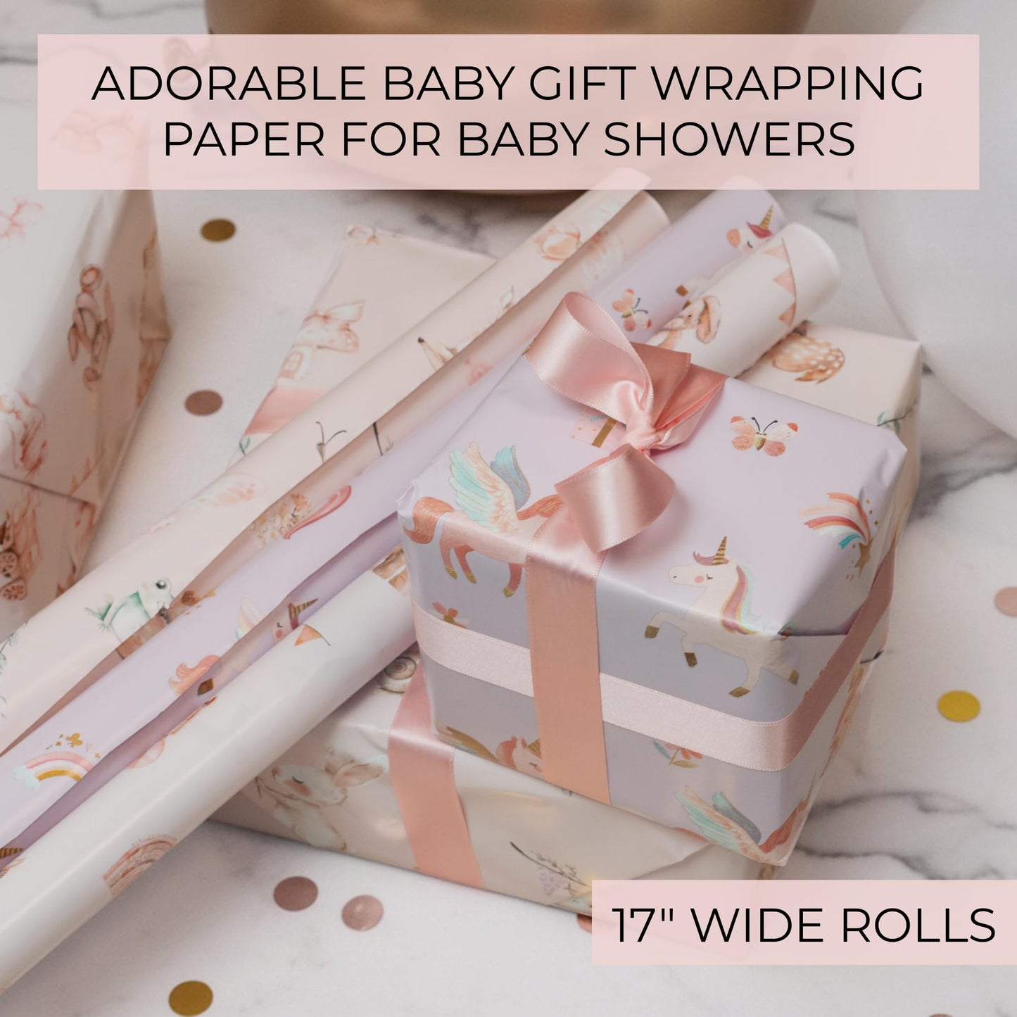 ZICOTO Beautiful Gift Wrapping Paper Rolls for Baby Shower - Cute Set of 3 Quality Rolls For Girls Birthdays & Baby Showers - Add a Touch of Magic to Every Gift You Wrap - 17 x 120 in