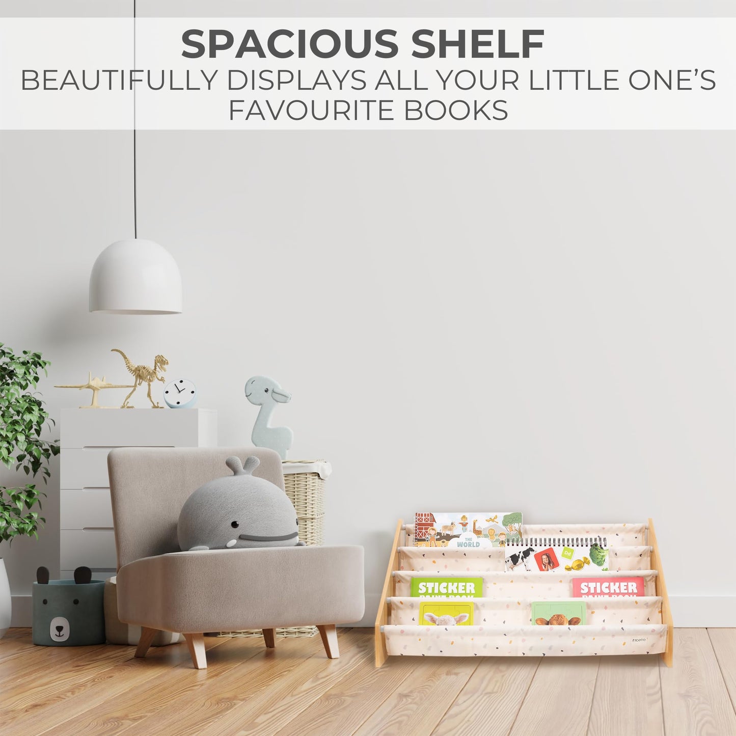 ZICOTO Decorative Wooden Bookshelf for Kids Rooms - Keeps Plenty of Books Neatly Organized & Within Reach for Toddlers - Easy Install Montessori Book Shelf for Baby's Bedroom or Playroom Decor