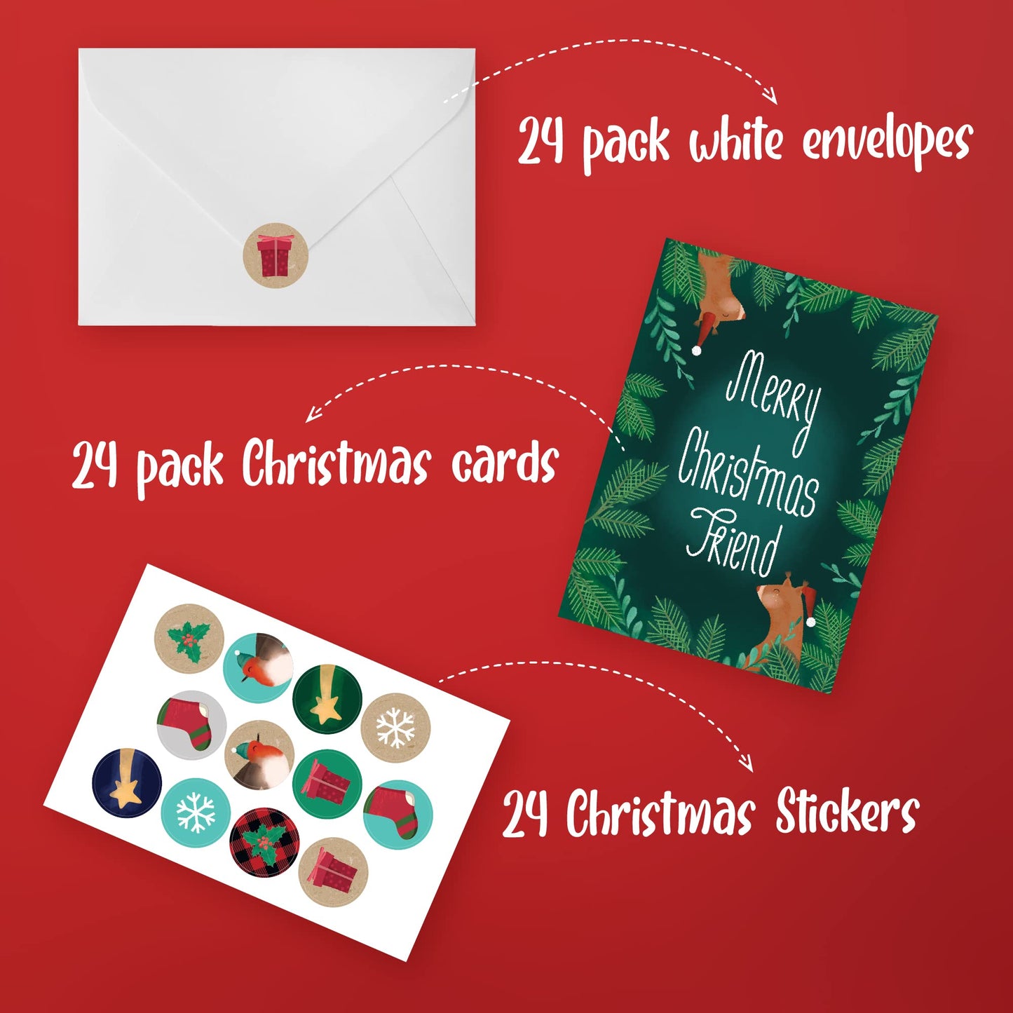 ZICOTO Beautiful Christmas Cards Set of 24 - Incl. Bulk Envelopes, Matching Stickers And Storage Box - Perfect to Send Warm Holiday Wishes to Friends and Family